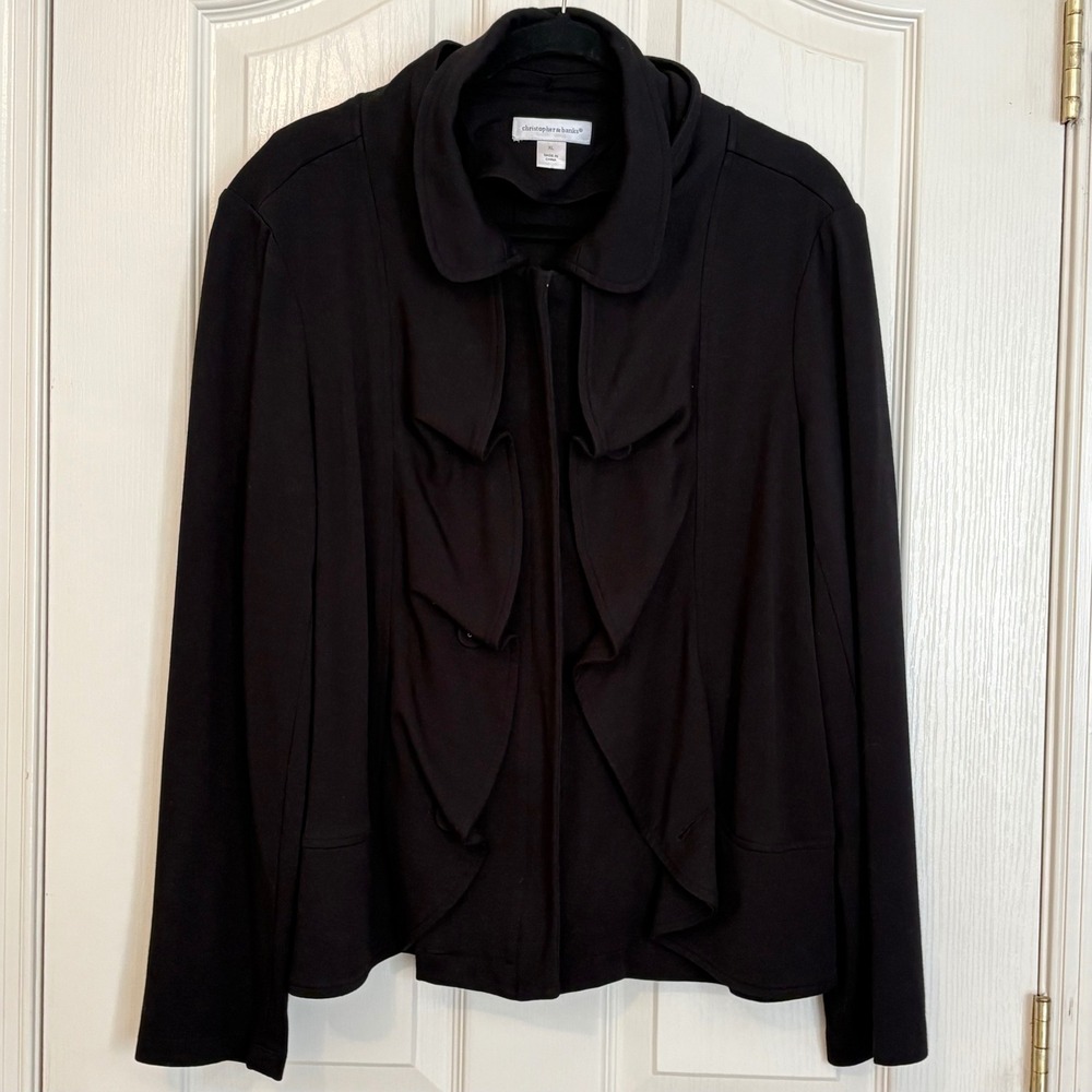 Christopher & Banks Womens Black Zip Front Ruffle Collar Jacket XL